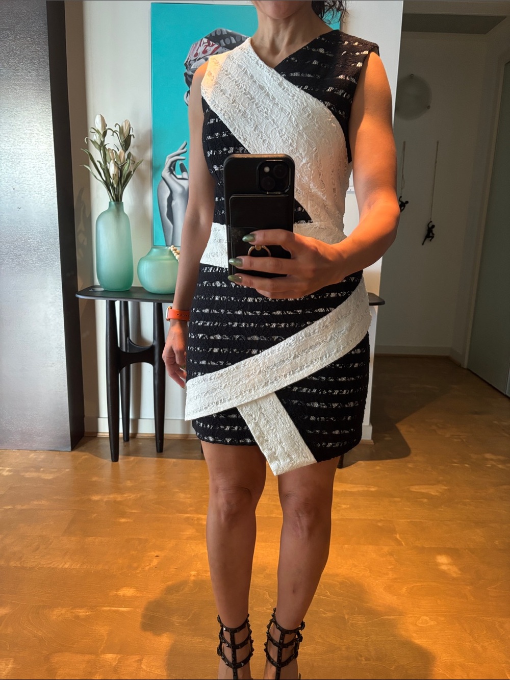 BCBGMaxAzria Black and White Textured Wrap-Accent Mini Dress